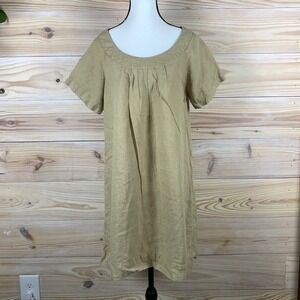 Allen Allen Linen Shift Dress Womens Large Tan Scoop Neck Pleated Short Sleeve